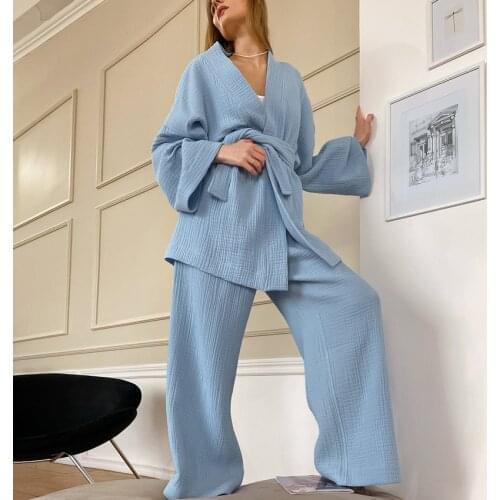 Hiloc Cotton Sleepwear Women Pajama Robe Sets Flare Sleeve Nightgown Set Woman 2 Pieces Robes Woman Lace Up Casual Trouser Suits