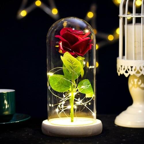 Artificial Eternal Rose LED Light Red Rose In A Glass Dome with LED Light Wooden Base for Valentines Christmas Day Romantic Gift