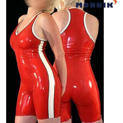 MONNIK latex Sexy Latex Women Catsuit No Zipper Sleeveless Rubber Jumpsuit Sport Short Pants