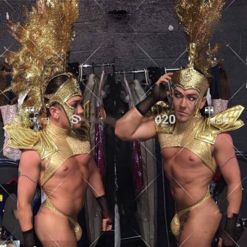 Model Catwalk luxy Nightclub Party DS stage Dance Team Guest Muscle Male Indian Roman Theme Golden Sexy Set Costume