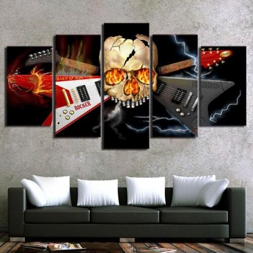 Canvas Wall Art Pictures Modern Unframed Living Room Decor 5 Pieces Abstract Skull Musical Instrument Guitar Print Poster Paint