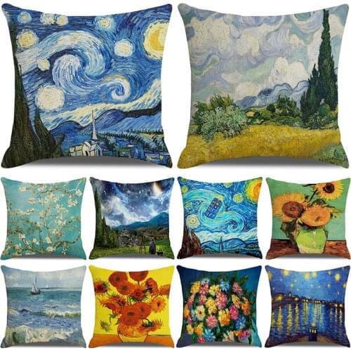 Famous oil painting Van Gogh Sunflower Starry Sky Pillowcase Pillowcase Back Cushion Cover Home Decoration Cushion Cover