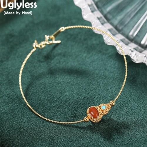 Uglyless Hollow Gourd Beads Bracelets for Women Natural Agate Turquoise Ultra-thin Gold Bangles 925 Silver Ethnic Retro Jewelry