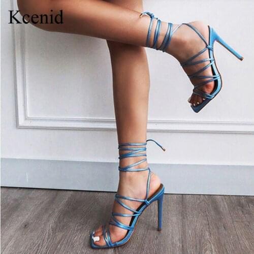 Kcenid New Womens Sexy High Heels Sandals Female Cross-Tied Square Toe Summer Party Shoes Ladies Fashion Footwear Blue Black