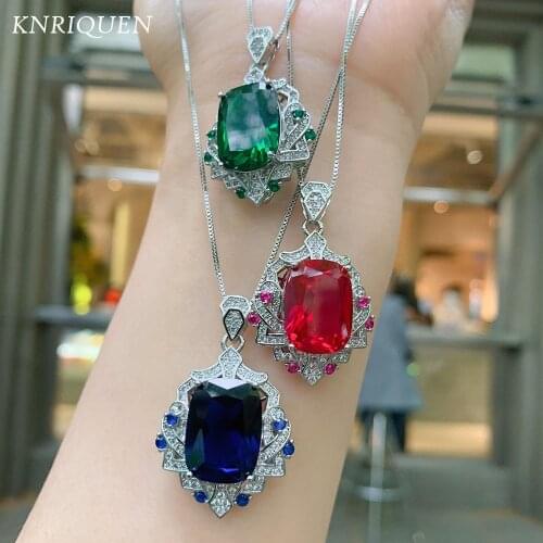 Vintage Sterling Silver 925 12*16MM Created Sapphire Tanzanite Emerald Ruby Pedant Necklace Luxury Party lFine Jewelry for Womem