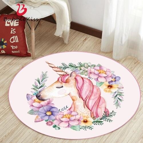 Bubble Kiss Modern Cartoon Unicorn Pattern Round Pink Rug Home Kids Room Decor Non-slip Carpets Soft Bedside Floor Mat 2021
