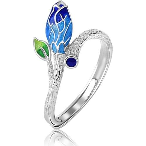 Folk-custom Burning Cloisonne Flower Bone Bud Art Opening Adjustable Rings Fashion Creative Jewelry Gift Wedding Ceremony