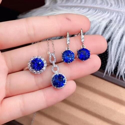 Sapphire Set Natural And Real Sapphire Jewelry set 925 sterling silver 1pc Ring,1pc Pendant,2pcs Earring