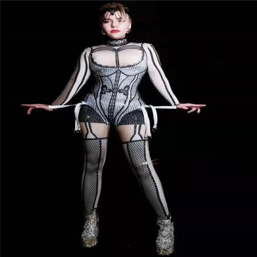 Y91 Sexy 3D Print crystals jumpsuit women pole dance dress bandage bodysuit rhinestone stretch dance costumes party wear skinny