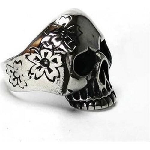 Skull Face With Handmade Flowers Shape Silver Ring for Bikers Special Gift for Women & Man Punk Fashion Jewelry Made In Turkey