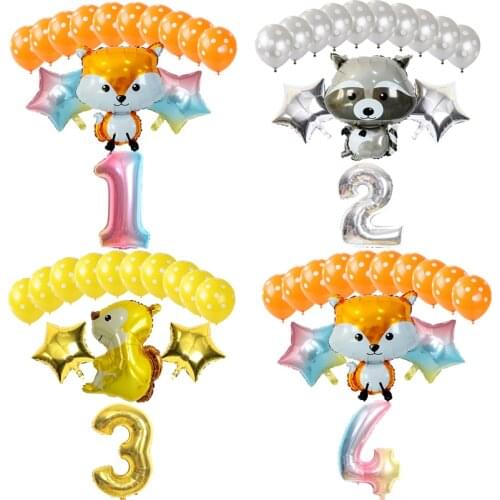 14pcs Cartoon animal big squirrel raccoon fox Foil Balloon Digital wave point Air Balloon Birthday Patry Baby Shower Decortion