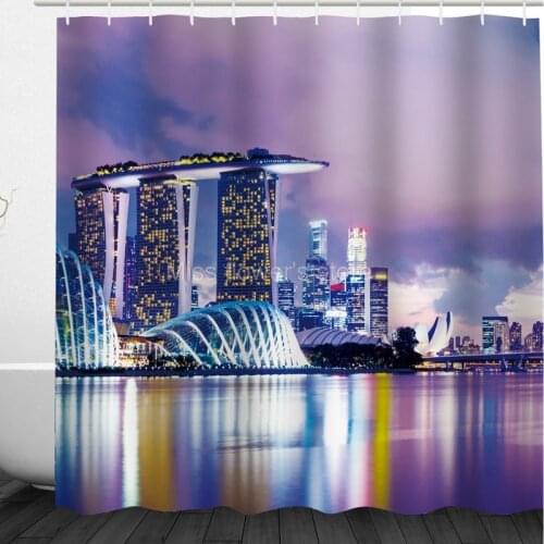 Singapore Marina Bay Night Scene Design Custom Shower Curtain Bathroom Waterproof Mildewproof Polyester Fabric With 12 Hooks