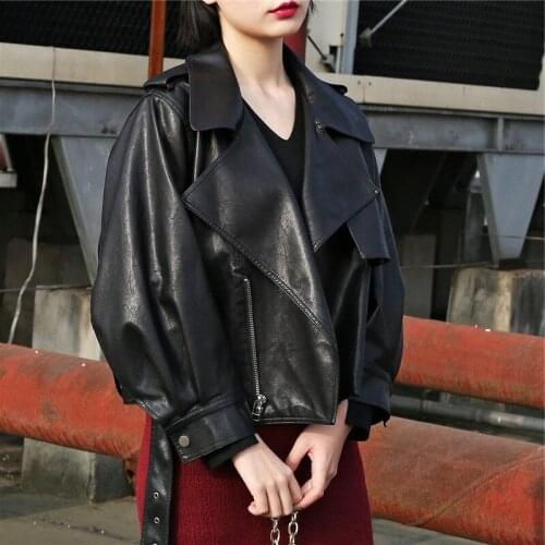 Womens Leather Jackets Turn-down Collar Buckle Waist Loose Cool Biker Coat Wholesale 2021 New Fashion Female Autumn Clothing