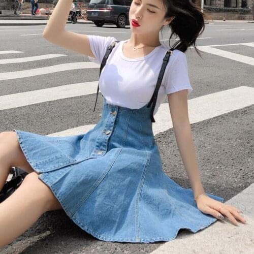Women Fashion Slim Single-breasted High Waist A Line Mini Denim Skirt Teen Girls Sweet Cowboy Suspender Jeans Skirt Mujer Faldas