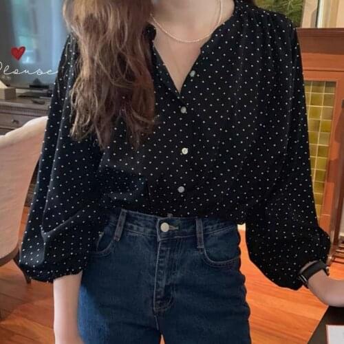 Women Blouse Spring Autumn Lantern Long Sleeve Polka Dot Chiffon Loose Top Blusas Ropa De Mujer