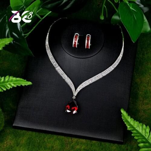 Be 8 Brilliant Red Water Drop Cubic Zirconia Women Jewelry Sets Necklace Set Wedding Bride Dress Accessories Party Show S080
