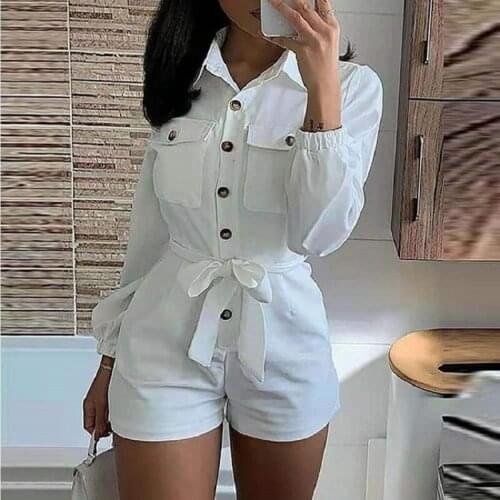 Jumpsuit Female 2021 White Woven Button Casual Overalls Low Waist Sashes Bodysuit Summer Women Long Sleeve Pockets Elegant Roper