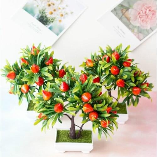26x28cm 16Heads Artificial Strawberry Small Green Tree Potted Bonsai Home Office Hotel Living Room Ornament Fake Plants Bonsai