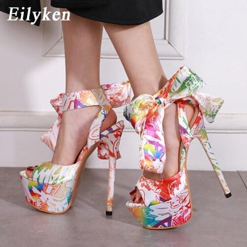 Eilyken Fashion Platform Thin heels Sexy Women Sandals Color Printing Butterfly-knot Lace-up Thick Bottom Super High Party shoes