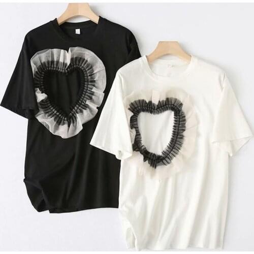 DOUJILI 2021 New Style White Black Top Tees Popular Lovely O Neck Short Sleeve Heart Decorate Girl Women Casual T-Shirts