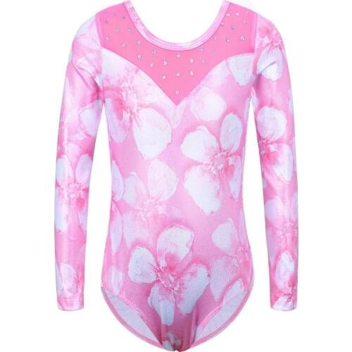 BAOHULU Gymnastics Leotard for Girls Long Sleeve Pink Color Flower Print Active Wear Professional Ballerina Training Ballet Wear