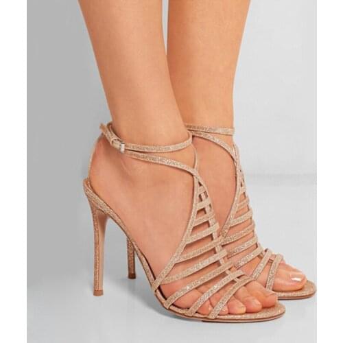 Hot selling solid color multi strap crisscross high heel sandals fashion bling bling ankle buckle strap stiletto heel sandals