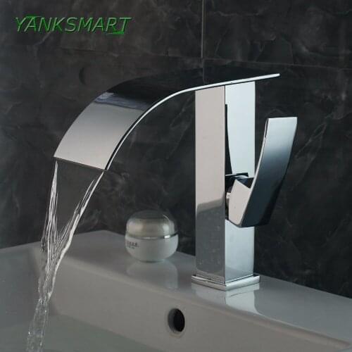 YANKSMART Tall Rotatable handle Chrome Waterfall Spout Single Lever & Hole Bathroom Cold/Hot Water Mixer Basin Tap Basin Faucet