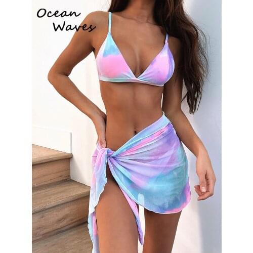 Sexy Tie Dye With Sarong Bikini Female Swimsuit 3pieces Bikini Set Women Swimwear 2021 Bather Bathing Suit Separate Tankinis Set