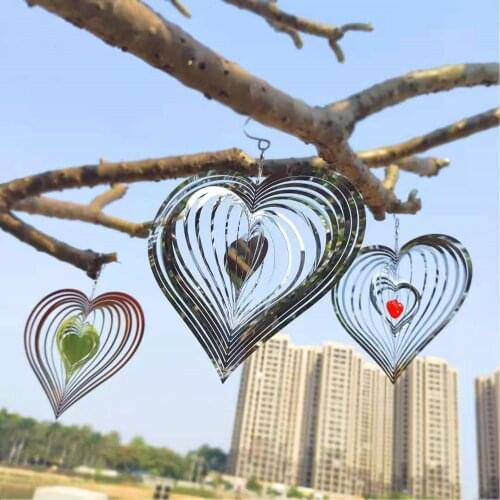3D Heart Stainless Steel Metal Wind Spinner Rotating Hanging Decor Indoor Outdoor Garden Decoration Crafts Ornaments