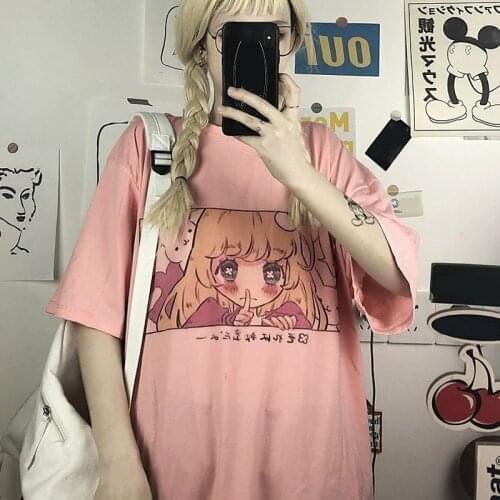 Cute Cartoon Sweet Girls T-shirt Japanese Streetwear Harajuku Pink Kawaii Casual Tops Vintage Loose Summer Women T-shirt