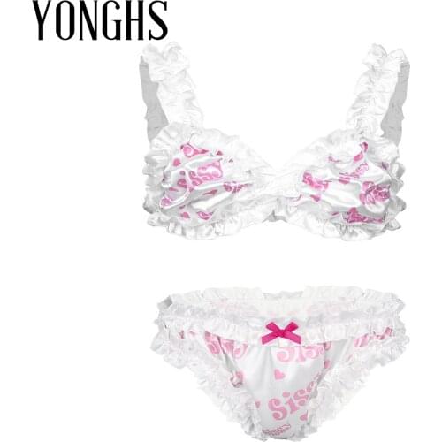 Mens Sissy Lingerie Wire-free Unlined Hot Bra Top and Briefs Lingerie Set Gay Male Sissy Crossdressing Lace Erotic Sexy Suit