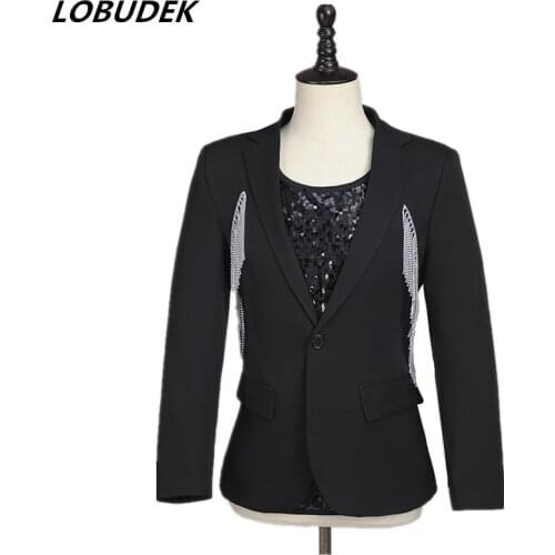 Men Silver Chain Tassel Blazer Stage Concert Male Singer Dancer Team Performance Casual Coat Bar Nightclub Costume