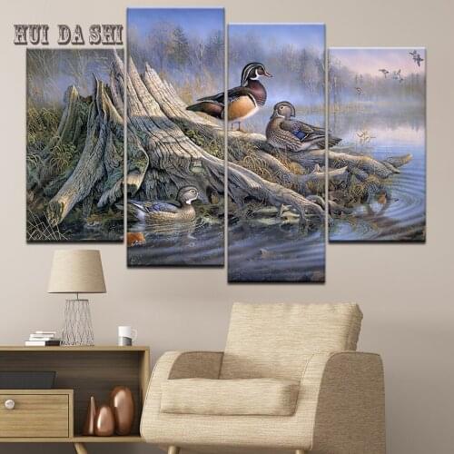 Wall Art Abstract forest River Poster Canvas Painting Green plant Animal mandarin duck Mural Home Decor Living Room Picture
