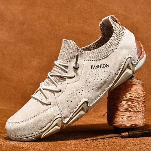 Handmade Pigskin Leather Mens Elastic Knitted Sock Casual Shoes Man Outdoor Walking Shoes Male Octopus Sport Sneakers Loafers