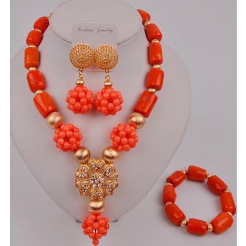 Latest Orange Nigerian Coral Beads Jewelry Set African Wedding Coral Necklace 12-K-01