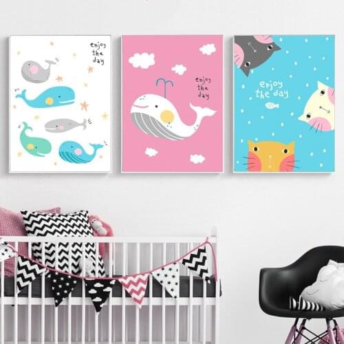 Adorable cartoon enjoy the day Marine animal cute Whale cat Modern Wall Art Picture Canvas Painting for nusery babys room Decor