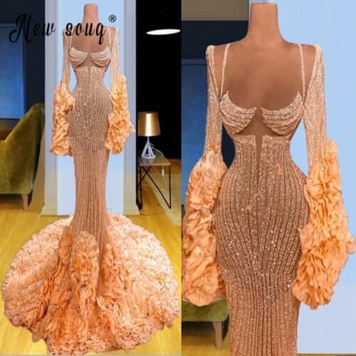Champagne Luxury Long Sleeve Sexy Mermaid Evening Dresses 2021 Full Diamond Formal Dress for Brithday Party Vestidos De Fiesta