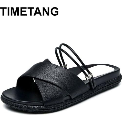 TIMETANG Cowhide Flat Handmade Women Sandals Two Ways Wearing Genuine Leather Shoes Rome Style Open Toe Summer SandalsE761