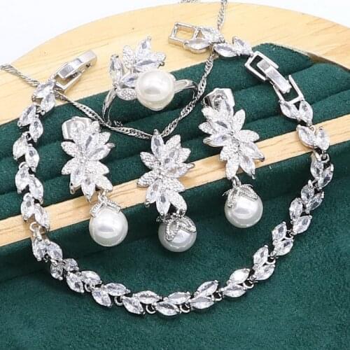 925 Sterling Silver Jewelry set for Women White Pearl Earrings Necklace pendant Ring Zircon Bracelet Birthday Gift