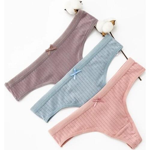 BANNIROU Cotton Panties Thongs Underwear For Woman Striped Bow Soft Low Waist Female T-back G-string Cotton Woman 2021 New 3 Pcs