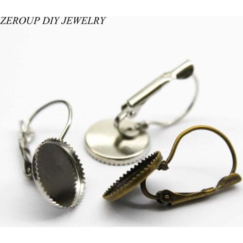 12mm Earring Hooks Round Silver Color Bronze Plated Glass Cabochon Base Earring Blanks Setting Supplies for Jewelry 20pcs/lot