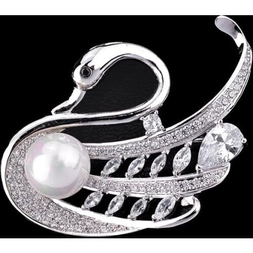 Red Trees Brand High Quality Animal Shape Swan Brooch For Wome With Luxury AAA Cubic Zirconia and Man-made-Pearl In Box broche