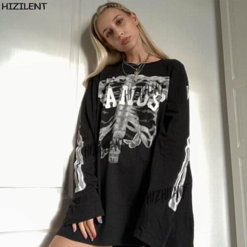 Skeleton Print Goth Y2K Top Women T-shirts Summer Long sleeve Harajuku Loose Oversized T Shirt Streetwear Fairy Grunge clothing