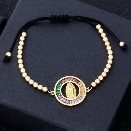 High Quality Women Rainbow CZ Stone Virgin Mary Bracelets Adjustable Copper Beads Christian Jewelry For Christmas Birthday Gift