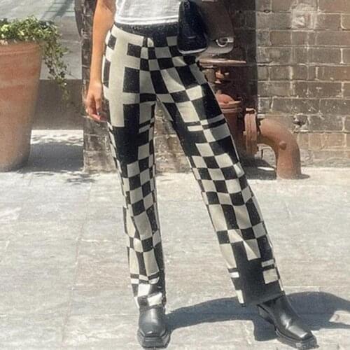 Women Trousers Checkered Print Breathable Polyester Straight Long Trousers for Daily Wear pants women new fashion Street wear
