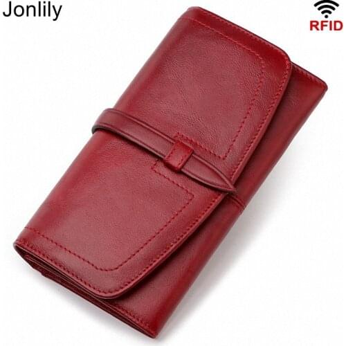 Jonlily Women Genuine Leather RFID Long Wallet Zipper Retro High Capacity Wallet Teens Fashion Purse -KG523