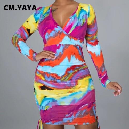 CM.YAYA Women Dress Print Full Sleeve V-neck Shirring Sheath Empire Mini Dresses Office Lady High Street Beauty Fashion Outfits