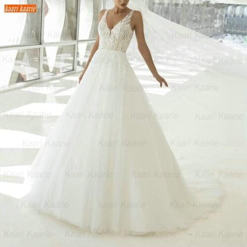 Elegant V Neck Wedding Dresses 2021 White Trouwjurk Sleeveless Lace Appliques Tulle Vestidos De Noiva Custom Made Bride Gowns