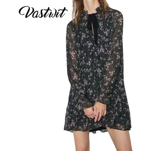Women Ruffle Bow Tie Mini Floral Print Dress Vintage Long Sleeve Chiffon Casual Loose Pleated Dress