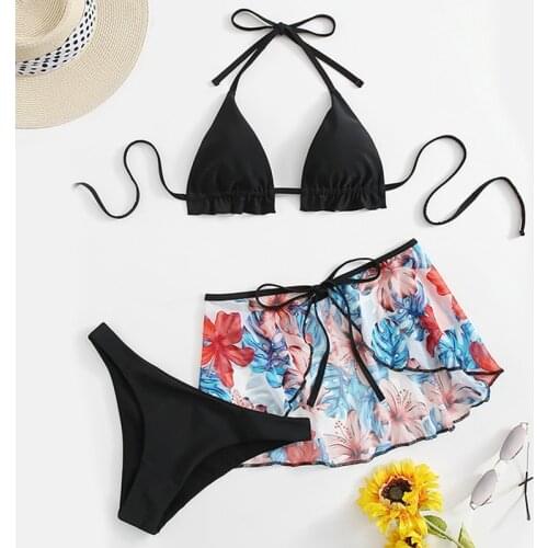 3 Pack Halter Push Up Padded Micro Bikini Swimsuit With Beach Skirt Low Waist Bathing Suit 2021 Black Womens Swimwear Biquini